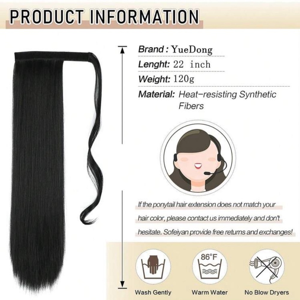 22 Inches Black Long Synthetic Wrapped Ponytail Extension - Picture 6 of 6